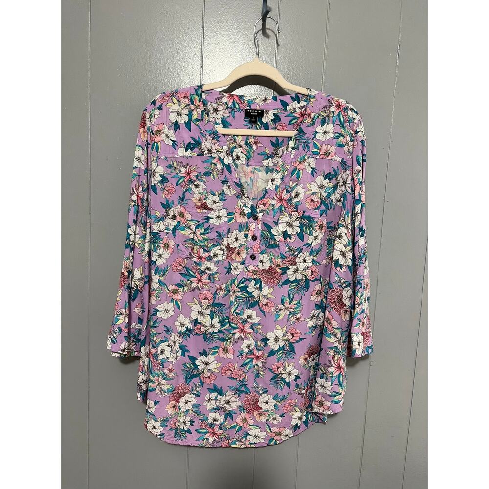 Torrid Challis Floral Purple Harper Pullover Splot Neck Roll Up Sleeves Blouse 1 - Picture 3 of 8